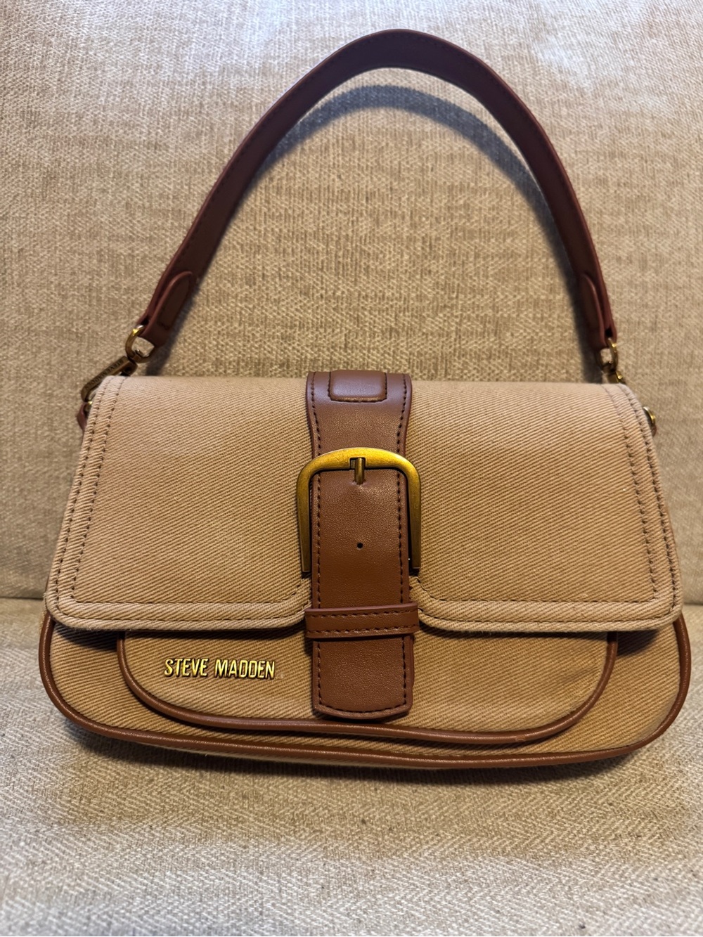 Steve Madden Tan Canvas & Brown Leather Shoulder Bag Crossbody